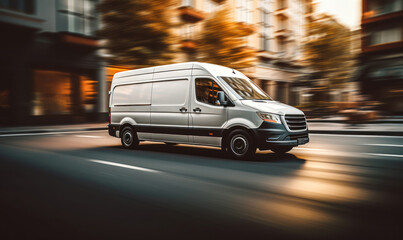Fototapeta na wymiar Speeding White Delivery Van in Urban Setting Captures the Fast-Paced Nature of City Logistics and E-commerce Delivery Services