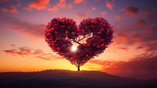 Tree of love. Romantic heart shape tree on sunset sky