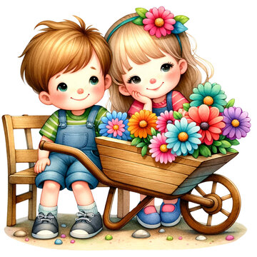 cute boy and girl with wheelbarrow flowers