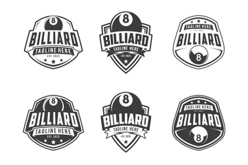 Obraz premium Billiard Design Logo Vector Set, Billiard Club Label Badge Sign Set Vector Concept, Monochrome logo set for billiard club