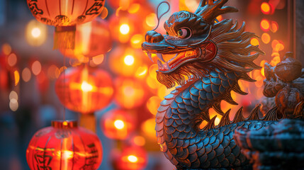 Fototapeta premium dragon stronger stone or jade lamp china line Beautiful walkway holiday Focus stacking, 3d rendering illustration background for happy chinese new year 2024 the dragon zodiac sign with red and gold 