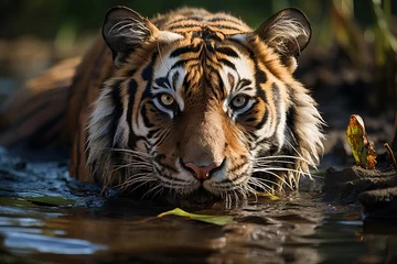 Stoff pro Meter Close-up portrait of a tiger in the water. © Niko_Dali