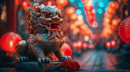 Fototapeta premium dragon stronger stone or jade lamp china line Beautiful walkway holiday Focus stacking, 3d rendering illustration background for happy chinese new year 2024 the dragon zodiac sign with red and gold 