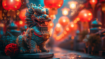 dragon stronger stone or jade lamp china line Beautiful walkway holiday Focus stacking, 3d rendering illustration background for happy chinese new year 2024 the dragon zodiac sign with red and gold  - obrazy, fototapety, plakaty
