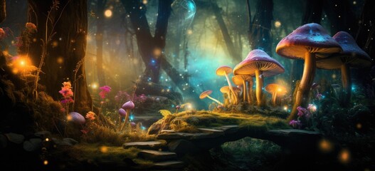 fantasy forest with magical creatures, glowing mushrooms, and ethereal lighting. Banner. - obrazy, fototapety, plakaty