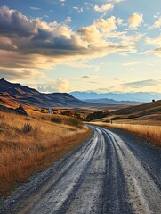 Naklejka premium A scenic path with tire imprints against a backdrop of gorgeous skies.