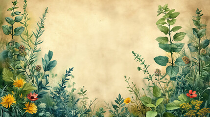 Botany background,  plants and flowers on beige background, vintage  paper