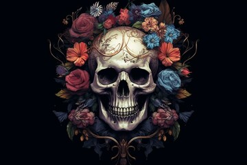 Floral-patterned skull surrounded by flowers on a dark background. Generative AI