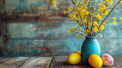 Blue ceramic vase filled with blooming branches. Decayed, textured blue wall backdrop. Some colorful eggs laying on wooden table. Copy space, spring, Easter banner, card. Vintage still life.