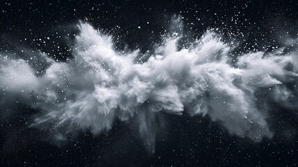 Wide horizontal layout of white powder snow cloud burst against dark backdrop. - obrazy, fototapety, plakaty