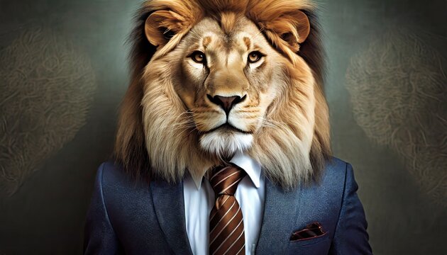 lion dressed in an elegant and modern suit with a nice tie fashion portrait of an anthropomorphic animal shooted in a charismatic human attitude generative ai illustration