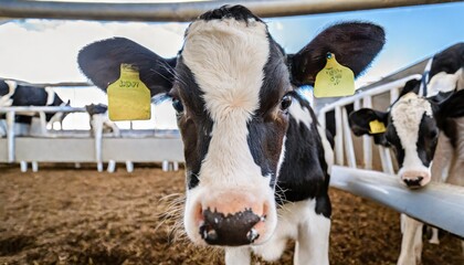 holstein calf with ear tag close up a newborn calf peeks out from its individual home on a livestock farm raising animals in special plastic calf housing calf rearing on a diary farm illustration - obrazy, fototapety, plakaty