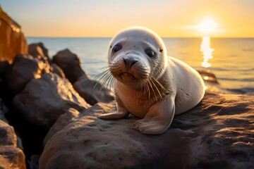 A baby seal lounging on a rocky shore, basking in the sunlight.