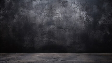 Immerse yourself in the gritty aesthetic of a black wall texture and dark concrete floor shaping an old grunge background. - obrazy, fototapety, plakaty
