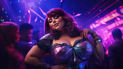 Plus size woman at a party in a nightclub. Real people lifestyle.