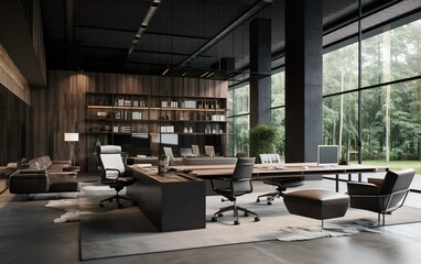 Fototapeta na wymiar Gray and dark wood open space office interior