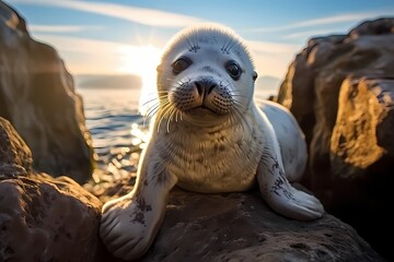 A baby seal lounging on a rocky shore, basking in the sunlight.