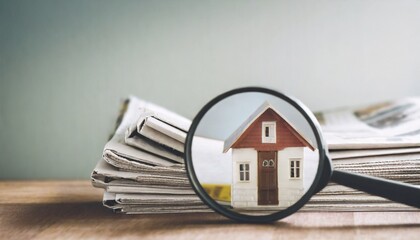 miniature house with magnifying glass on desk with newspapers home searching concept real estate loan illustration - obrazy, fototapety, plakaty