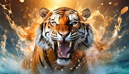 roaring tiger head graphic illustration with dynamic splash background illustration - obrazy, fototapety, plakaty