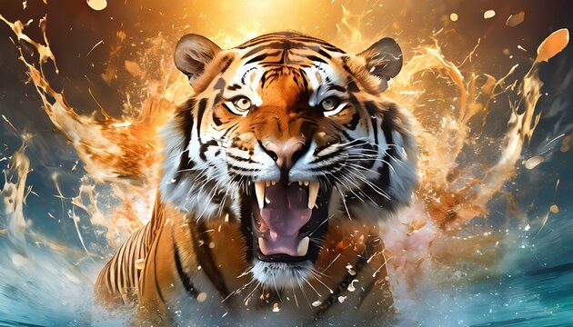 roaring tiger head graphic illustration with dynamic splash background illustration