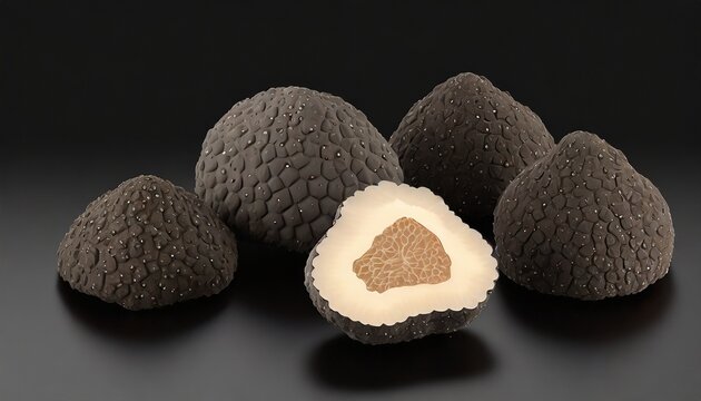 black truffles group and slice on black clipping path included illustration