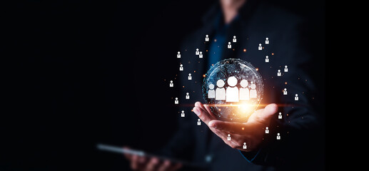 Customer Relationship Management, Businessman touch on icon with global structure customer network technology, Data exchanges development.digital marketing online.