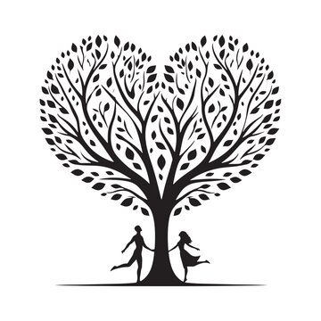Symbolic embrace: Elegant tree silhouette, a visual ode to the strength of love - love tree silhouette Valentine Silhouette - love vector
