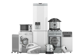 Collection of kitchen and household appliances, 3D rendering