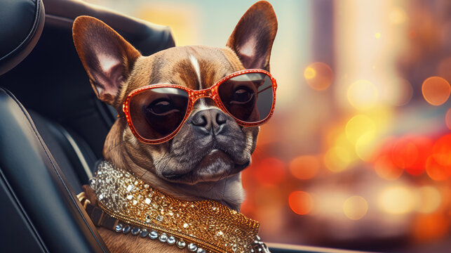 A stylish pup with bling,  feeling the cars rhythm and vibe