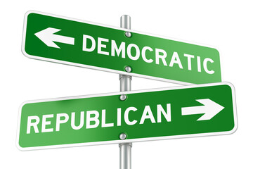 Democratic or Republican directions. Opposite traffic sign, 3D rendering isolated on transparent background