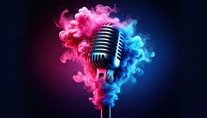 Fototapeta na wymiar a microphone with dramatic pink and blue smoke.