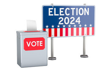 Ballot box with advertising billboard. Election in the USA, concept. 3D rendering isolated on transparent background