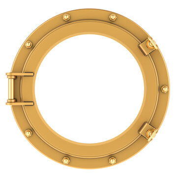 Brass ship porthole, 3D rendering isolated on transparent background