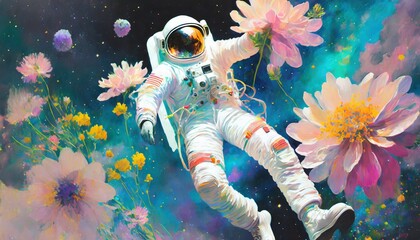 an astronaut is hanging in space with several flowers in the style of psychedelic dreamscapes wimmelbilder sketchfab airbrush art dynamic pose i can t believe how beautiful this is luminous pal  - obrazy, fototapety, plakaty
