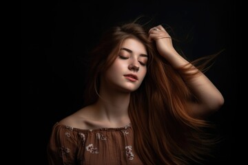 studio shot of a beautiful young woman holding her hair