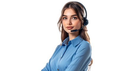 Beautiful female customer support agent in blue uniform isolated background