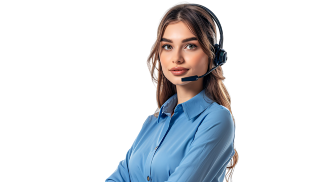 Beautiful female customer support agent in blue uniform isolated background