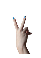 Young woman raising two fingers up on hand showing peace, strength to fight or victory symbol. White background