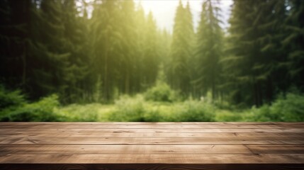 A serene wooden table top with a blurred forest in the background, creating a peaceful and natural ambiance.