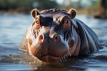 A hippopotamus is half in the water.