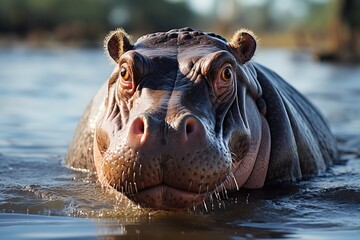 Fototapeta premium A hippopotamus is half in the water.