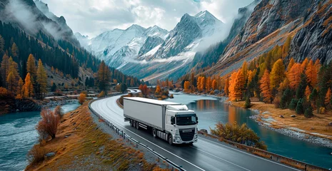 Foto op Canvas A truck drives along a mountain road, cargo delivery logistics - AI generated image © BEMPhoto