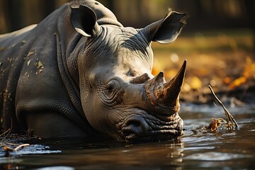 A large rhinoceros is half submerged in water.