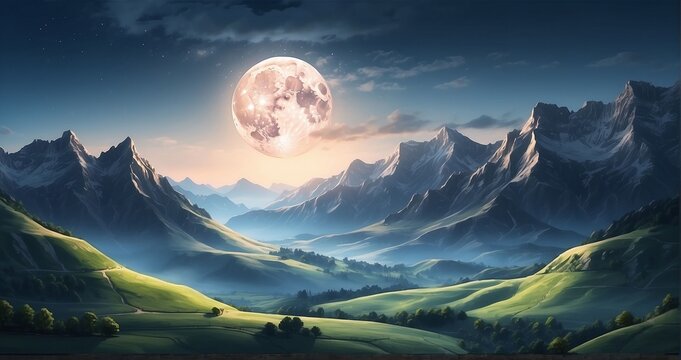 An image of a moonlit valley nestled between hills, with the soft glow of the moon casting shadows on the slopes - Generative AI