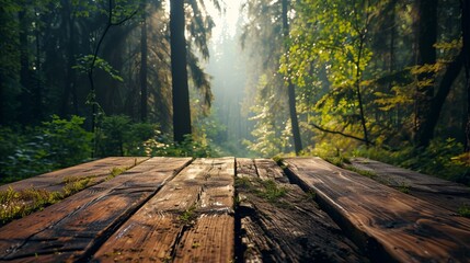 Discover a peaceful haven within the heart of the forest, where a simple wooden table awaits amidst the trees.
