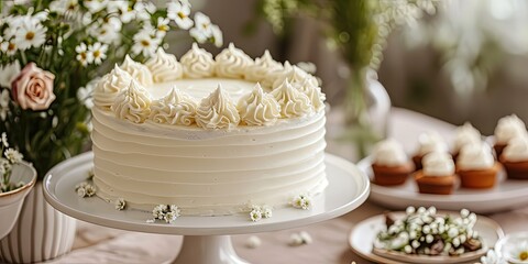 Obraz na płótnie Canvas White decorated cake on a festive table,birthday,holiday,party,wallpaper,background.