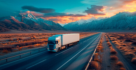 A truck drives along a mountain road, cargo delivery logistics - AI generated image - obrazy, fototapety, plakaty