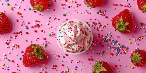 Strawberry ice cream decorated with colorful confetti on pink background surrounded by fresh strawberries,background,wallpaper