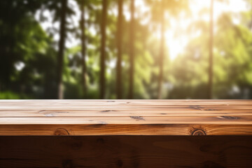 Natural Pine Wood Table Surface with Sunlit Forest Background for Eco-Friendly Product Display or Peaceful Nature-Themed Design