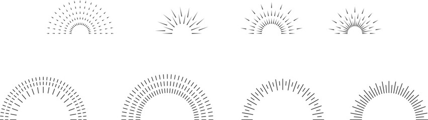 Vintage sunburst set. Bursting rays sunrise firework starburst blast, Radiant Spark. Rays. Geometric Design Elements. Retro radiant sunburst, starburst hand drawn label, sun rays. Vector